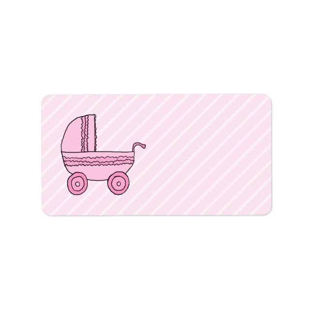 Baby Stroller. Pink on Light Pink Stripes. Label (Front)