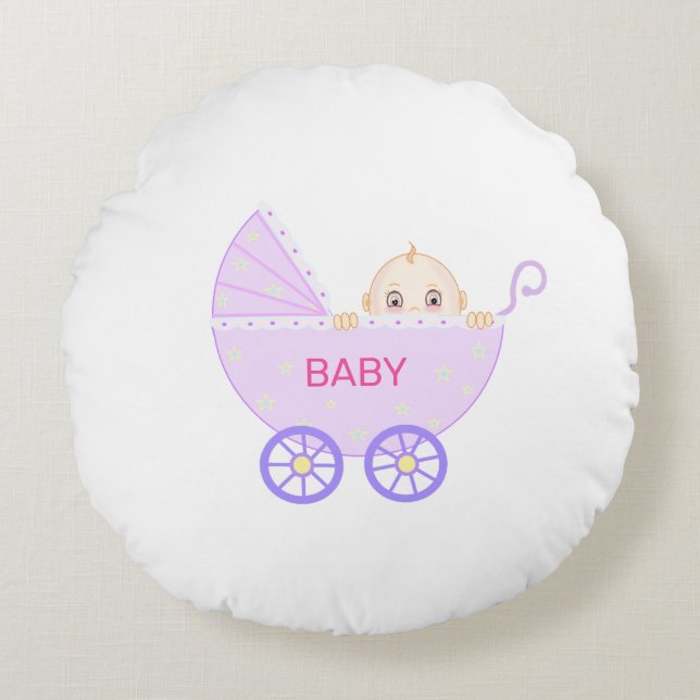 Baby Stroller with Baby on White Round Pillow (Front)