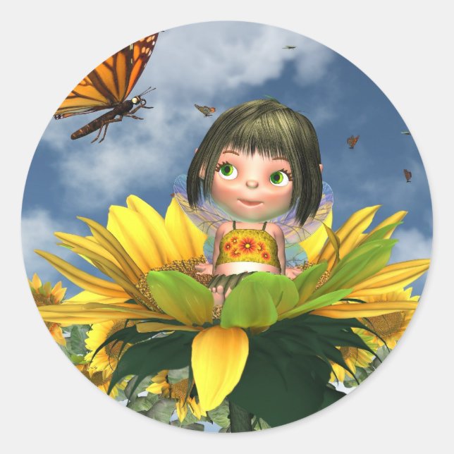Baby Sunflower Fairy with Summer Background Classic Round Sticker (Front)