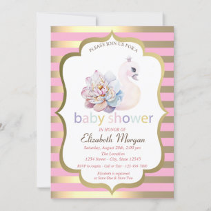 Baby Swan Flower Gold Stripe Baby Shower  Invitation