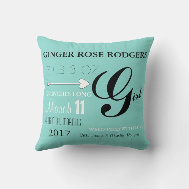 BABY Teal Blue Girl Gender Reveal Nursery Throw Pillow (Back)