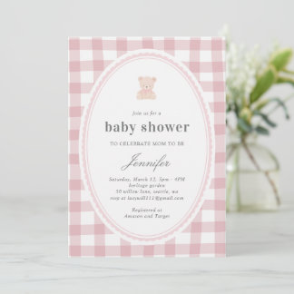 Baby Teddy bear Baby shower Pink Gingham Invitation