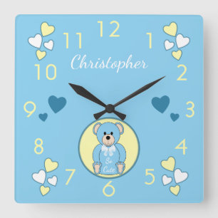 Baby teddy bear blue with love hearts and a name square wall clock