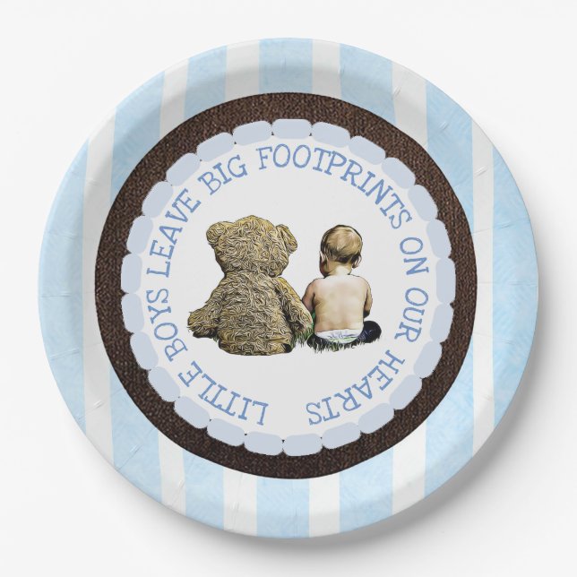 Baby & Teddy Bear Boy Baby Shower Paper Plates (Front)