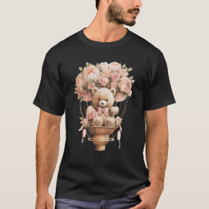 Baby Teddy Bear Pink Peony Flower Hot Air Balloon T-Shirt