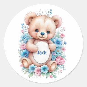 Baby Teddy bear with watercolor florals Classic Round Sticker