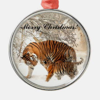 Baby tiger and Tiger mom in a snowy forest Metal Ornament