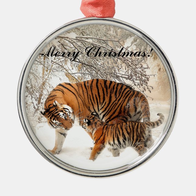 Baby tiger and Tiger mom in a snowy forest Metal Ornament (Front)