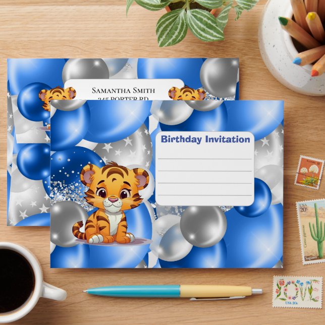Baby Tiger Birthday Invitation Blue Envelope (Desk)