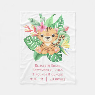 Baby Tiger Tropical Flowers Birth Stats  Fleece Blanket
