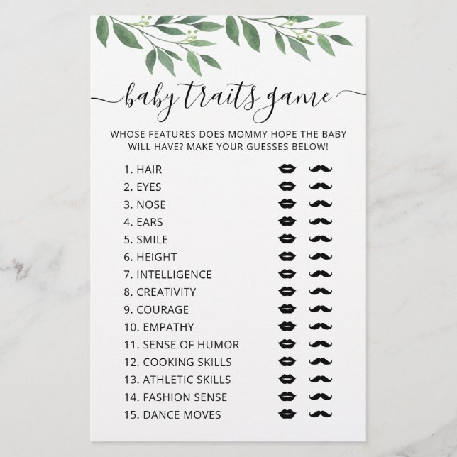 Baby traits game Baby Shower party Game card (Front)