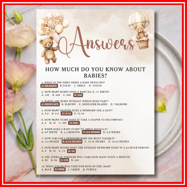 BABY TRIVIA & ANSWERS Baby Shower Game Cute Bear Invitation (Creator Uploaded)