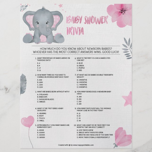 Baby Trivia [Baby Elephant [Pink]] Letterhead (Front)