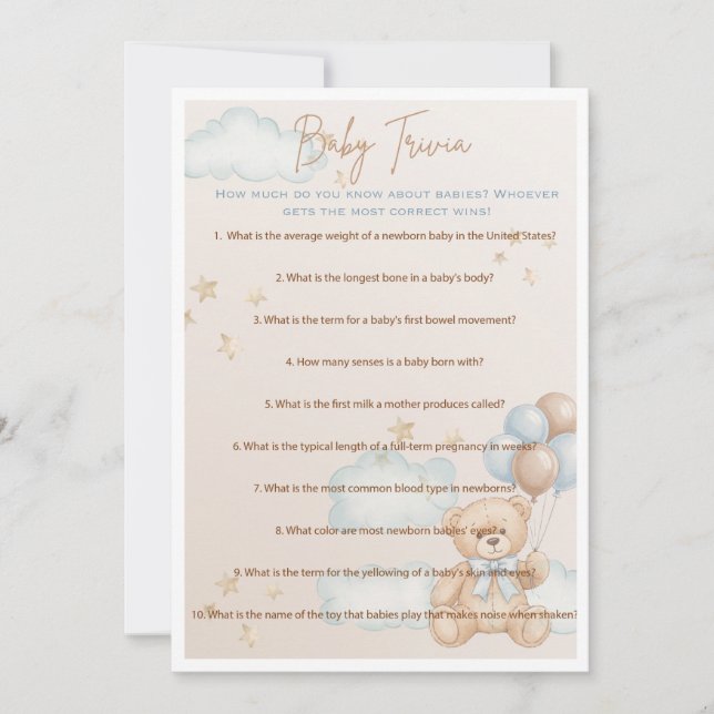 Baby Trivia Game for Boy Baby Shower, Teddy Bear Invitation (Front)