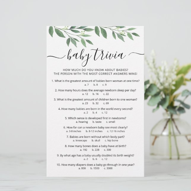 Baby Trivia Game with Answers Baby Shower party (Standing Front)