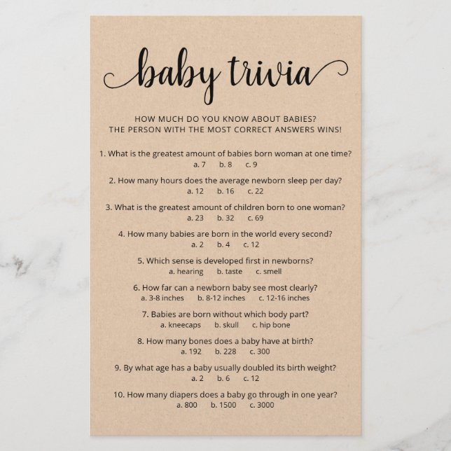 Baby Trivia Game with Answers Baby Shower party (Front)