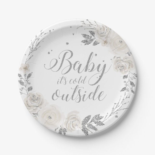 Baby t's Cold outside Silver Glitter Floral Paper  Paper Plate (Front)