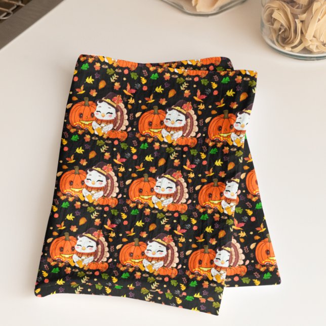Baby Turkey And Pumpkin Celebrating Thanksgiving  Kitchen Towel (Creator Uploaded)