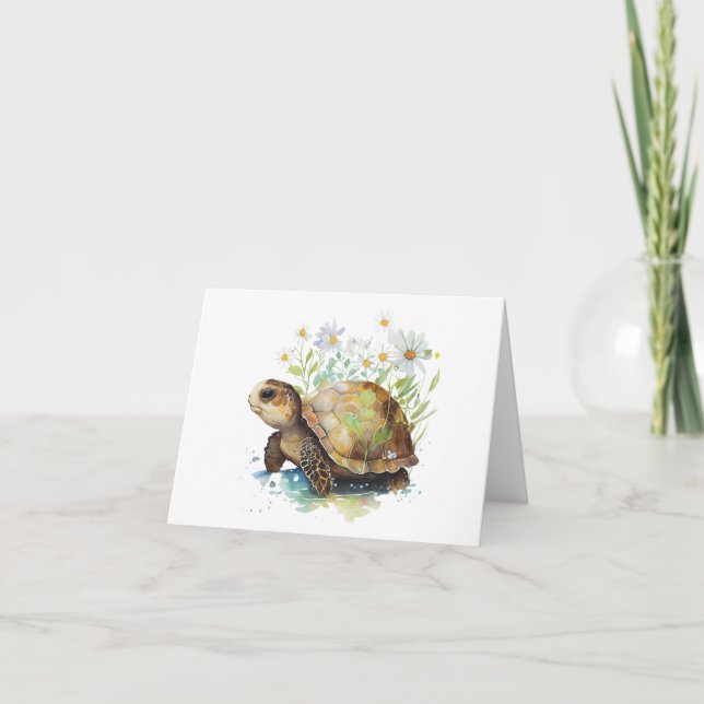Baby Turtle with Daisies Blank Greeting  Card (Front)