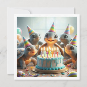 Baby turtles celebrating birthday with cake & hats invitation