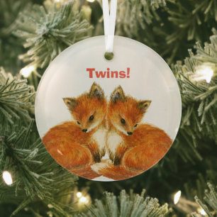 Baby Twin Foxes Glass Ornament
