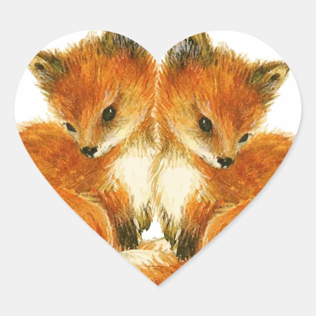 Baby Twin Foxes Heart Sticker (Front)