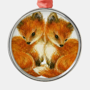 Baby Twin Foxes Metal Ornament