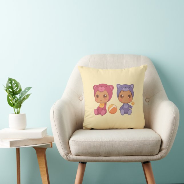 Baby Twins Bear Cat Jumpsuit 2 on Yellow Throw Pillow (Chair)