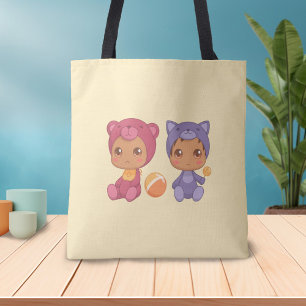 Baby Twins Bear Cat Jumpsuit on Yellow Tote Bag
