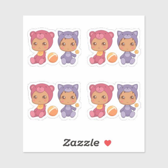 Baby Twins Bear Cat Jumpsuit Set of 4 Sticker (Sheet)