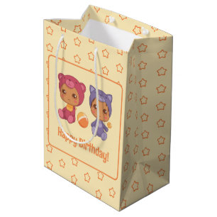 Baby Twins Birthday Cat Bear Yellow Dark Medium Gift Bag