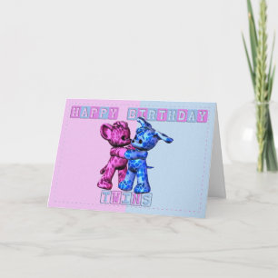baby twins birthday with bear and puppy card