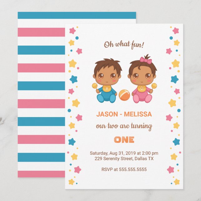 Baby Twins Boy Girl First Birthday 2 Invitation (Front/Back)
