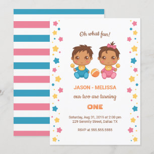 Baby Twins Boy Girl First Birthday 2 Invitation