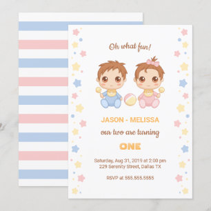 Baby Twins Boy Girl First Birthday Invitation