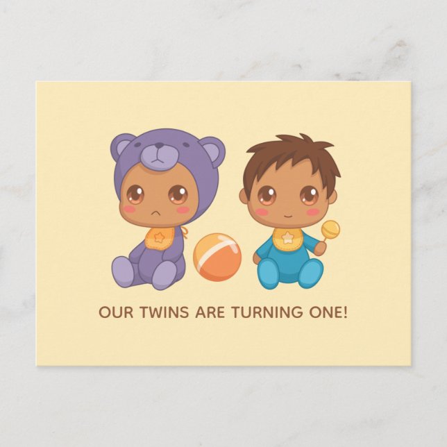 Baby Twins First Birthday Boy Bear Invitation 2 Postcard (Front)