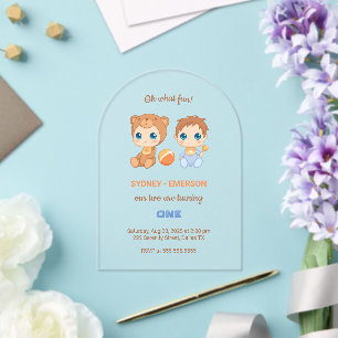 Baby Twins First Birthday Boy Bear Transparent Acrylic Invitations