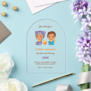 Baby Twins First Birthday Boy Purple Bear 2 Acrylic Invitations