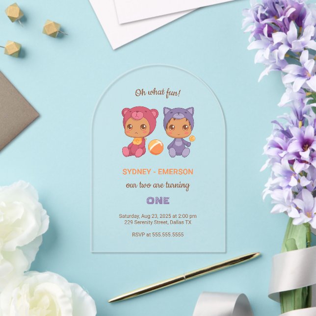 Baby Twins First Birthday Cat Bear Transparent Acrylic Invitations (Insitu (Wedding))