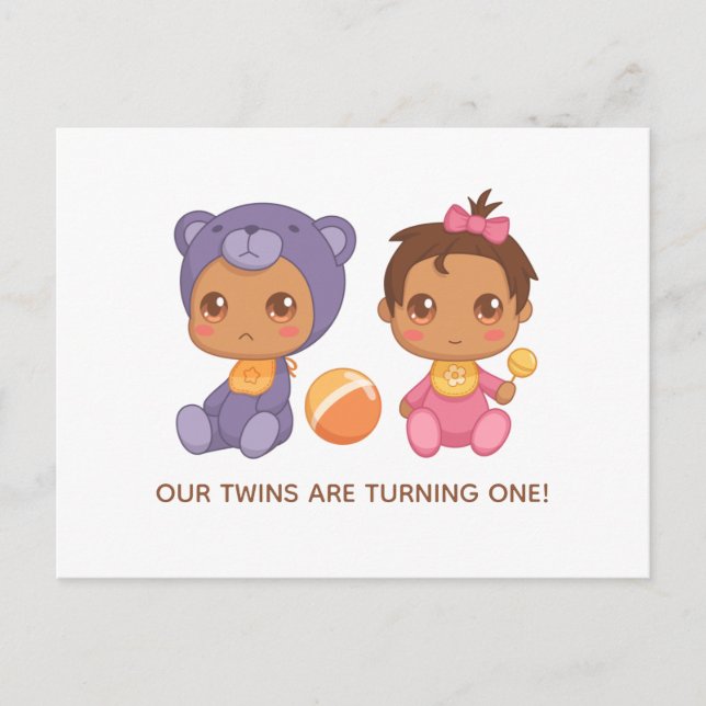 Baby Twins First Birthday Girl Bear Invitation 2 (Devant)