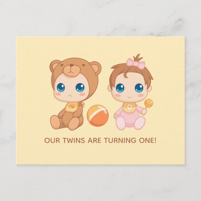 Baby Twins First Birthday Girl Bear Invitation 2 Postcard (Front)