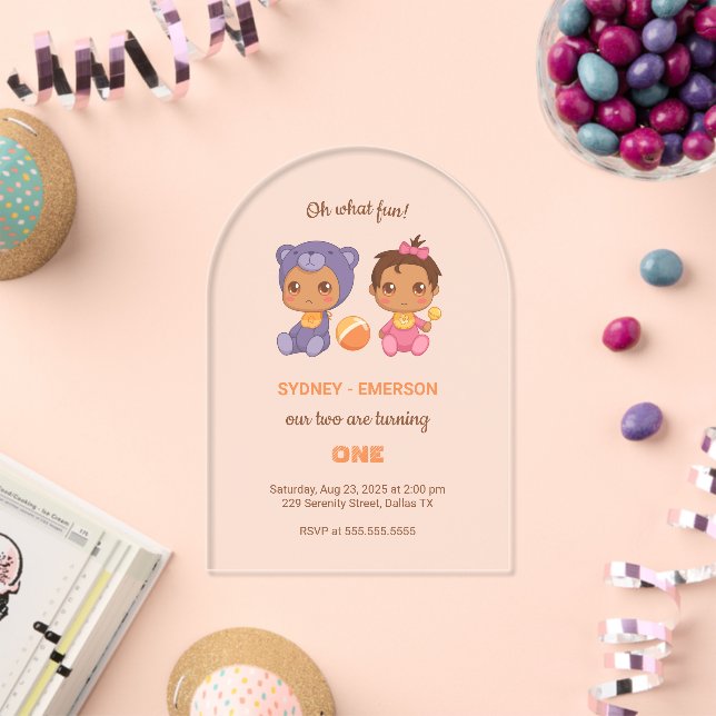 Baby Twins First Birthday Girl Bear Jumpsuit 2 Acrylic Invitations (Insitu (Celebration))