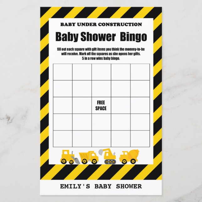 Baby Under Construction Baby Shower Game PRINTED (Front)