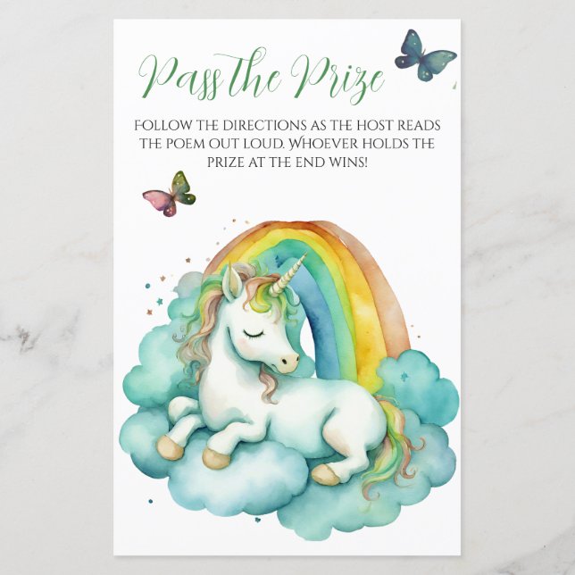 Baby Unicorn Baby Shower Pass the Prize Game (Back)