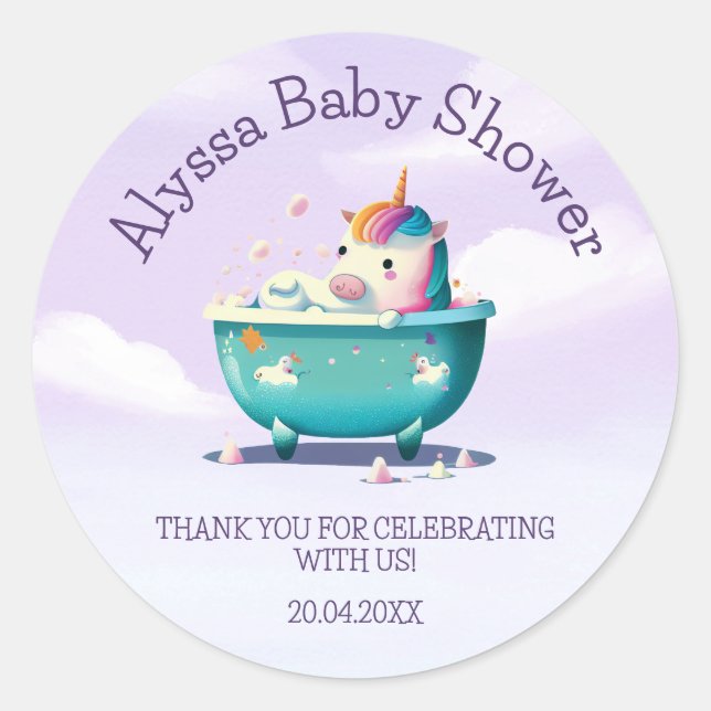 Baby Unicorn Bath Time | Baby Shower Classic Round Sticker (Front)