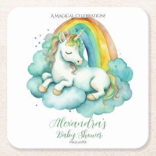 Baby Unicorn Gender Neutral Baby Shower Square Paper Coaster