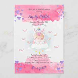 Baby unicorn girl shower invitation watercolor