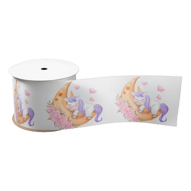 Baby Unicorn Over The Moon with Flower  Satin Ribbon (Spool)