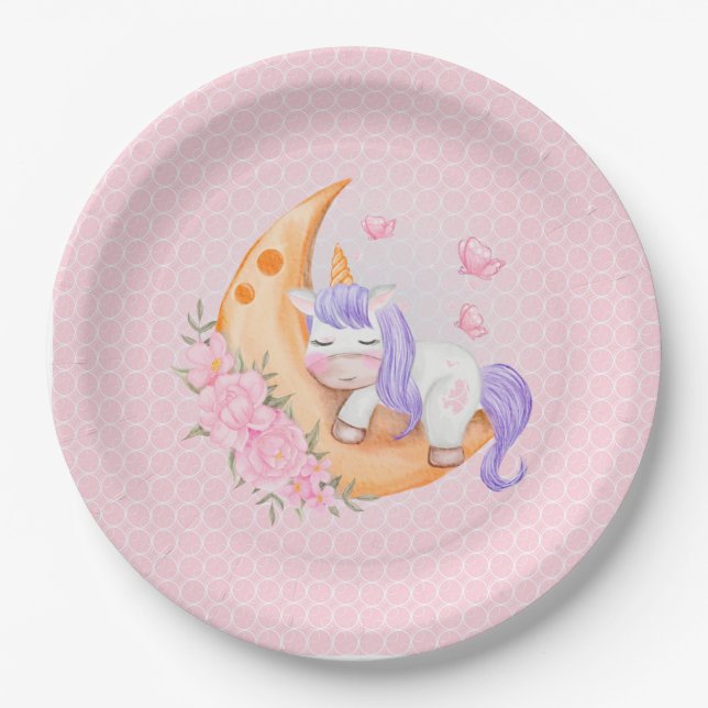 Baby Unicorn Over The Moon with Flowers   Paper Plate (Front)