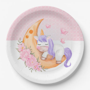 Baby Unicorn Over The Moon with Flowers Paper Plate